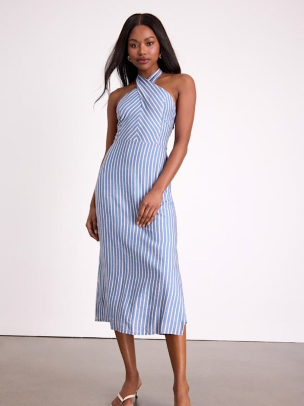 Lulus Gratiana Light Blue Striped Cross-front Halter Midi Dress - Size S